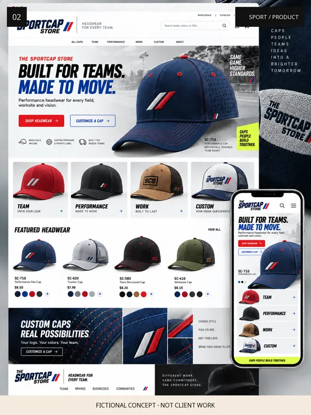 Fictional Sportcap Store concept artwork showing a performance headwear catalog and custom cap program.