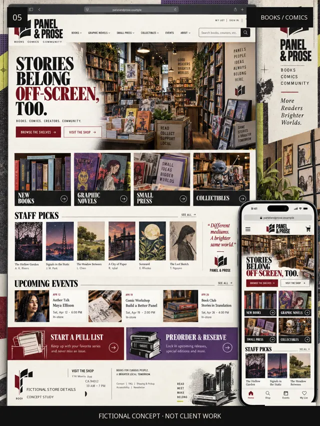 Fictional Panel and Prose concept artwork showing bookstore and comic-shop discovery, categories, and staff picks.